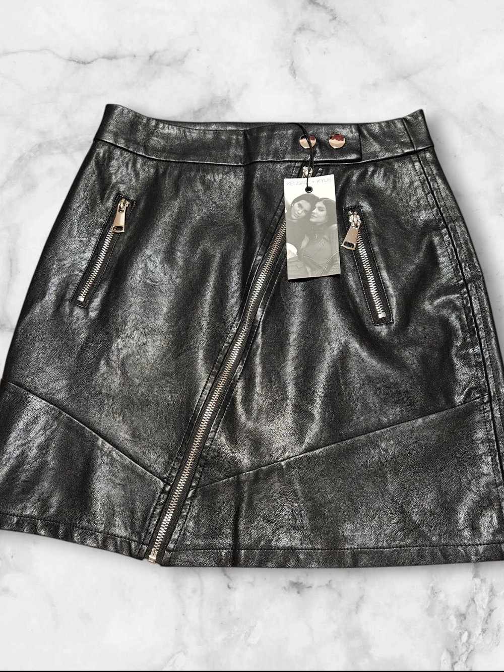 NEW KENDALL + KYLIE Black Faux Leather Zip-Front Mini Skirt Bikercore Size Small
